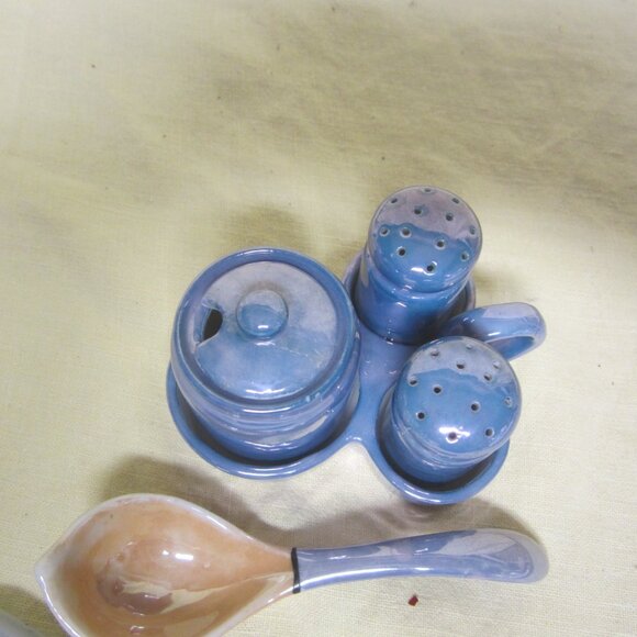 VTG JAPANESE CONDIMENT SET WITH SPOON, BLUE LUSTERWARE - Picture 2 of 5